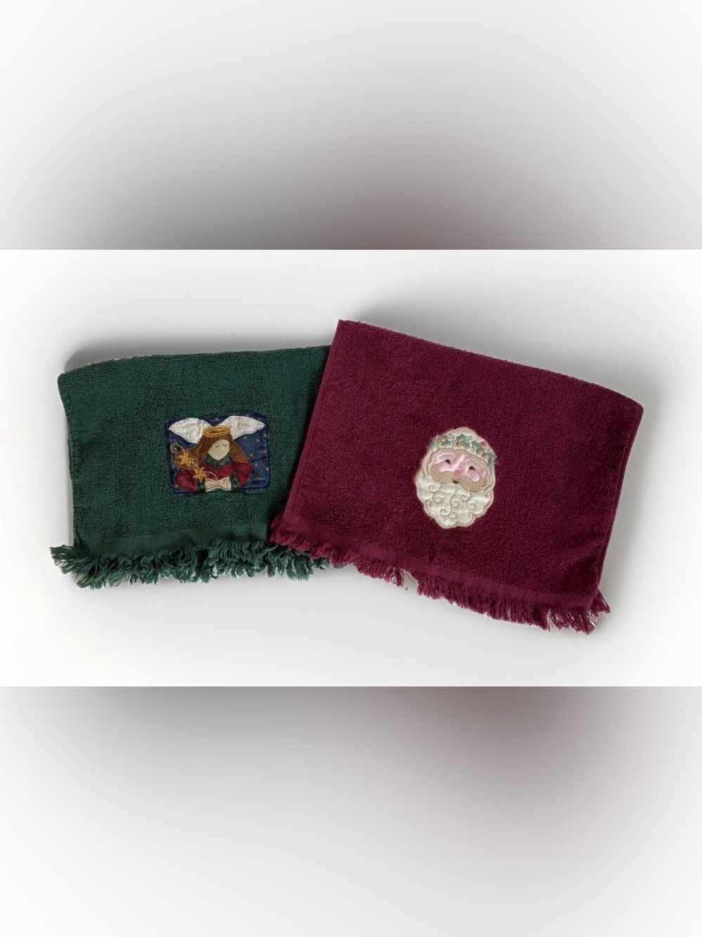 Vintage Christmas Fingertip Hand Towels Lot of 2 Fringe Santa Angel Embroidered